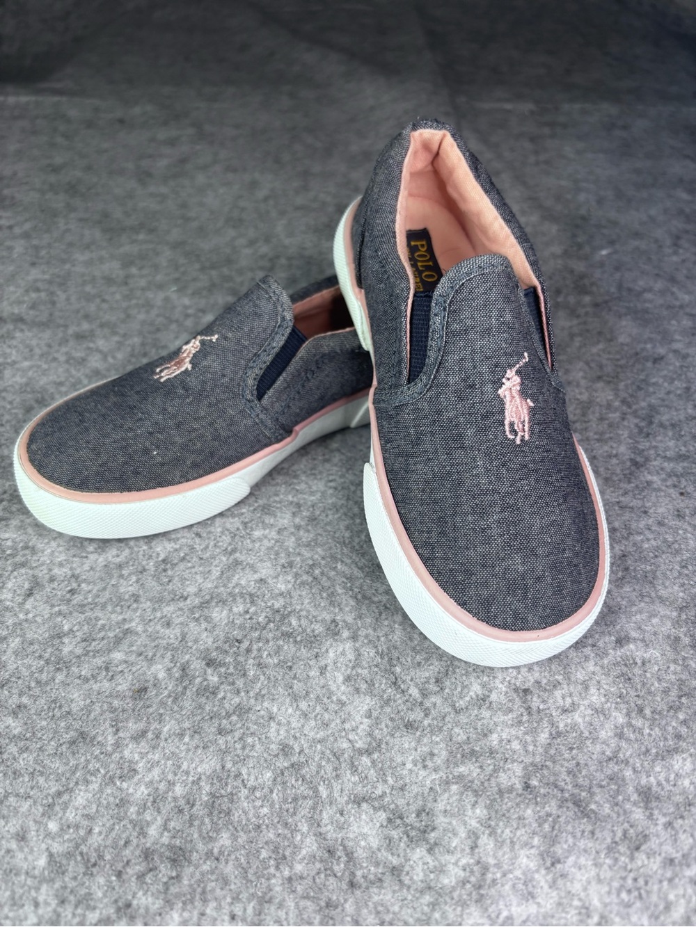 Polo by Ralph Lauren Denim Blue Canvas Slip-On Sneakers with Pink Accents